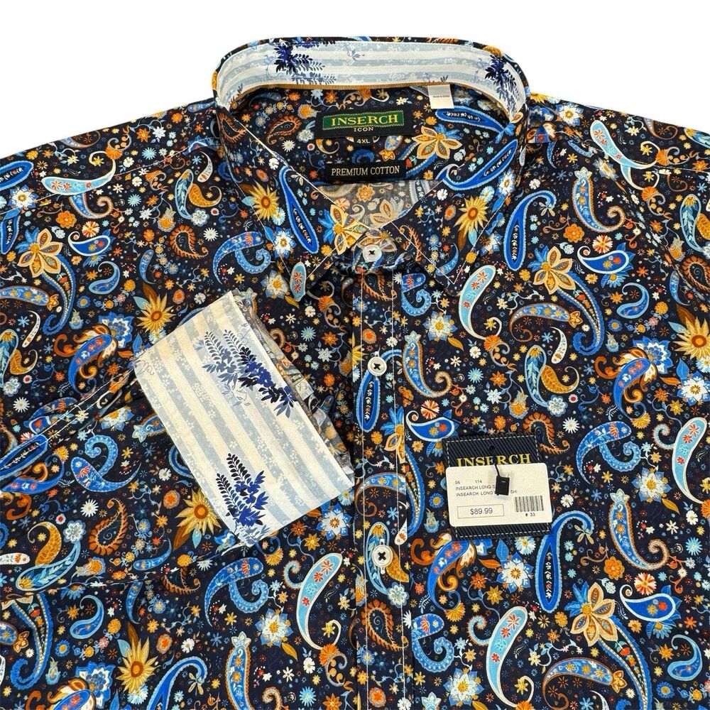 Inserch Icon Sz 4XL Rich Colorful Button Shirt Ornate Paisley Long Sleeve NWT